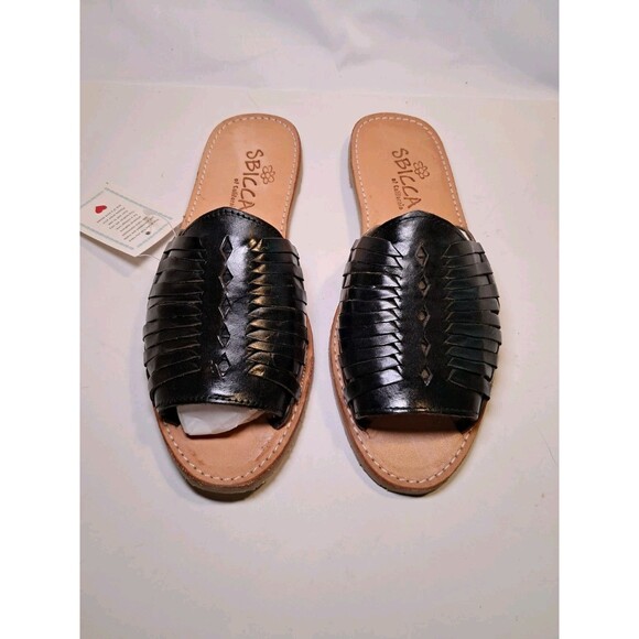 NEW SBICCA Lawrin Flat Sandal Slide Black Leather Open Toe Slip On PS100 Size 6 - Picture 2 of 8